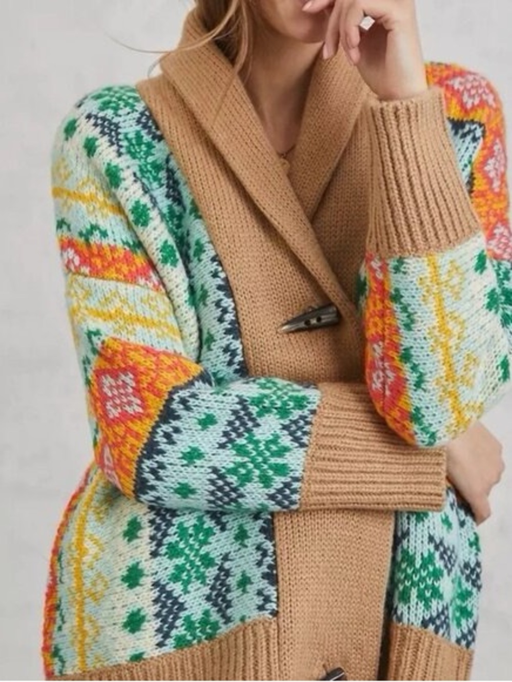 Anthropologie Shawl Collar Cardigan Sweater with Multicolor Fair Isle Pattern